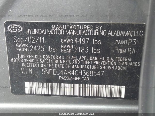 Photo 8 VIN: 5NPEC4AB4CH368547 - HYUNDAI SONATA 