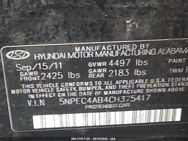 Photo 8 VIN: 5NPEC4AB4CH375417 - HYUNDAI SONATA 