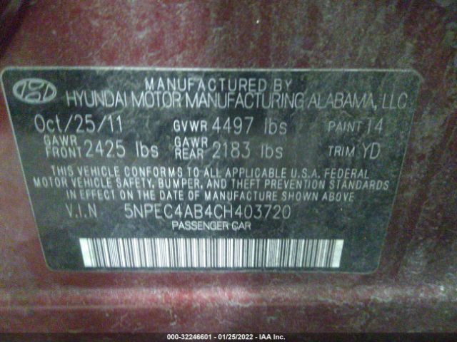 Photo 8 VIN: 5NPEC4AB4CH403720 - HYUNDAI SONATA 