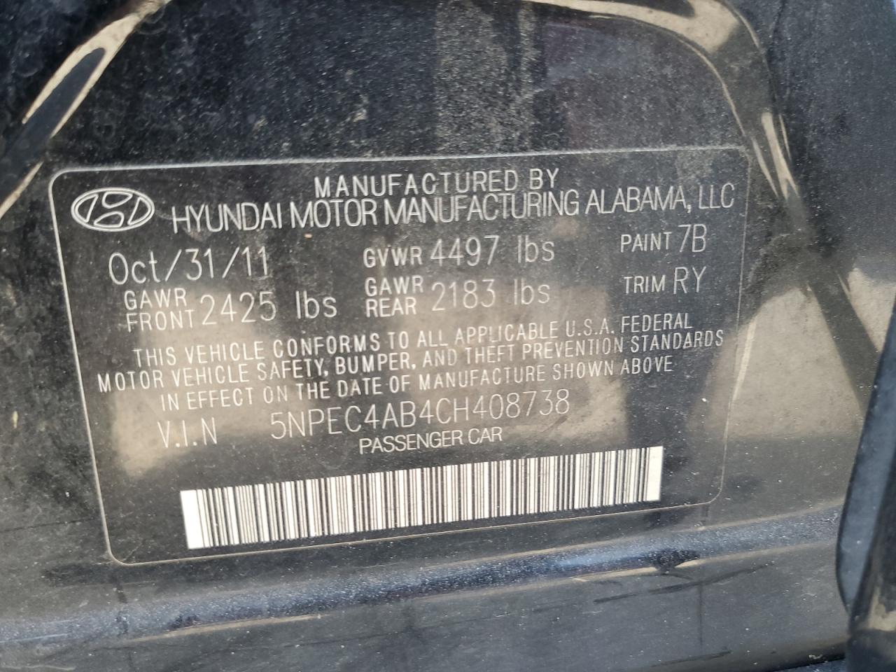 Photo 11 VIN: 5NPEC4AB4CH408738 - HYUNDAI SONATA 