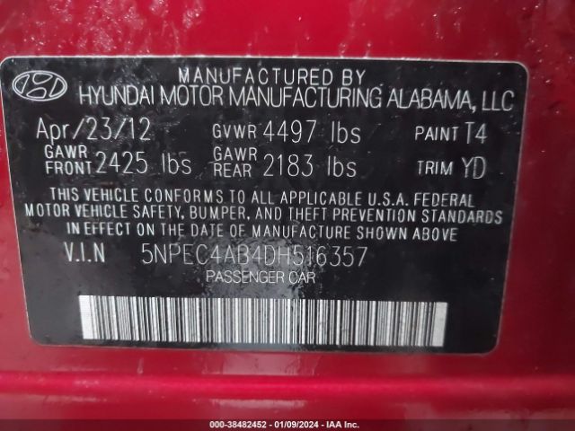 Photo 8 VIN: 5NPEC4AB4DH516357 - HYUNDAI SONATA 