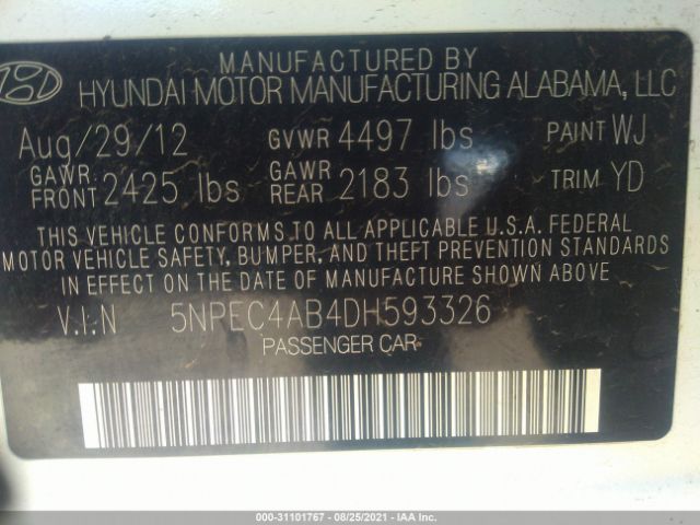 Photo 8 VIN: 5NPEC4AB4DH593326 - HYUNDAI SONATA 