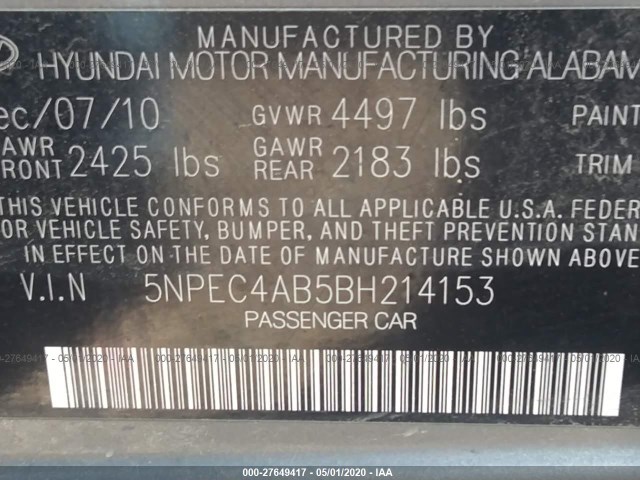 Photo 8 VIN: 5NPEC4AB5BH214153 - HYUNDAI SONATA 