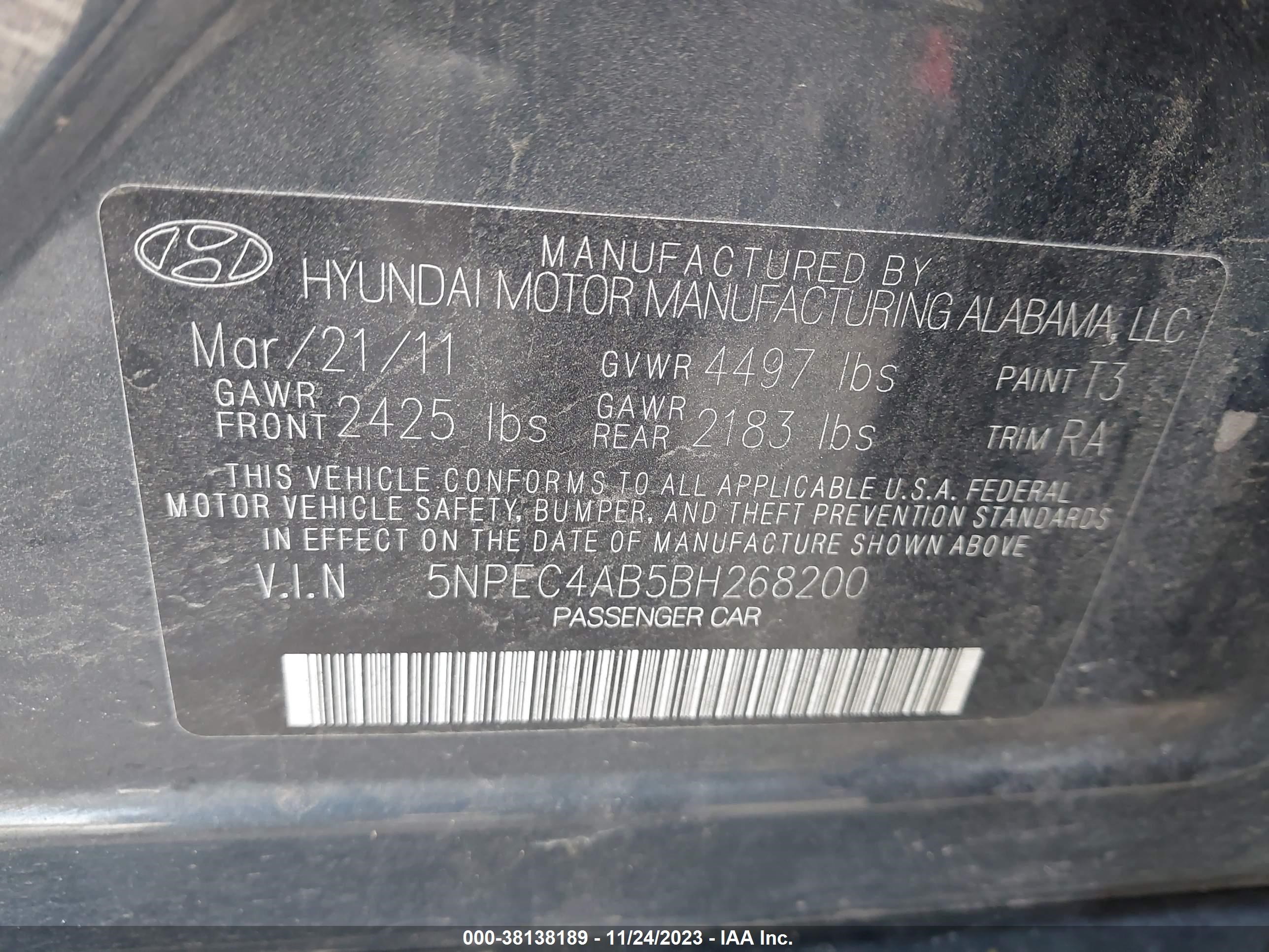 Photo 8 VIN: 5NPEC4AB5BH268200 - HYUNDAI SONATA 