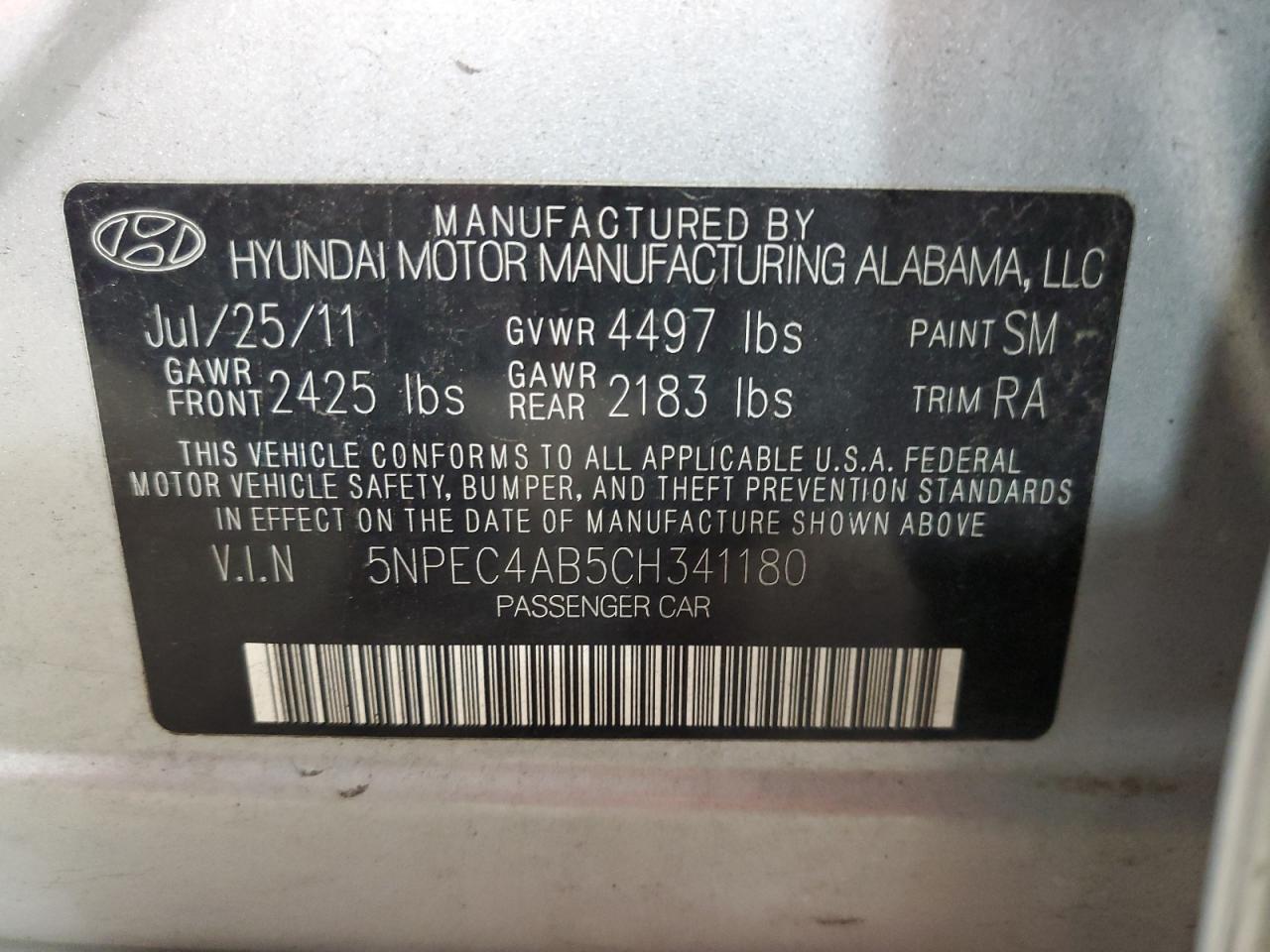 Photo 11 VIN: 5NPEC4AB5CH341180 - HYUNDAI SONATA 