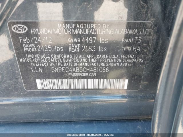 Photo 8 VIN: 5NPEC4AB5CH481066 - HYUNDAI SONATA 