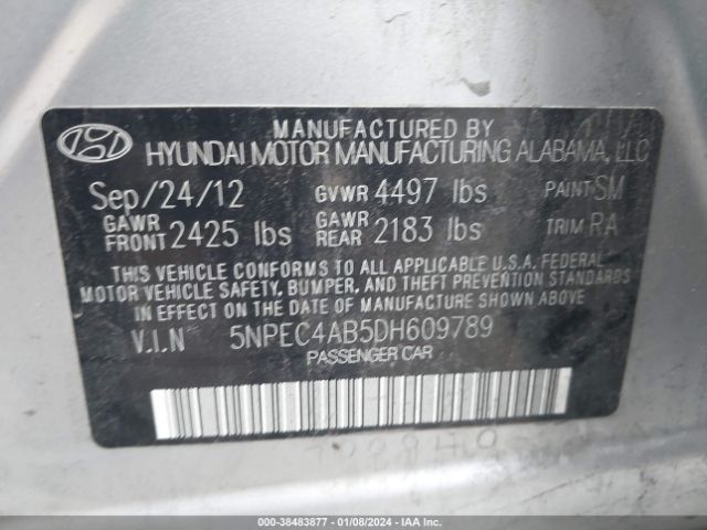 Photo 8 VIN: 5NPEC4AB5DH609789 - HYUNDAI SONATA 