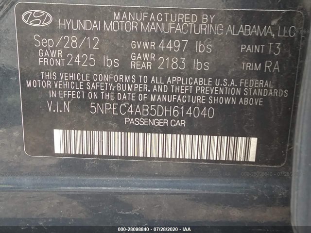 Photo 8 VIN: 5NPEC4AB5DH614040 - HYUNDAI SONATA 