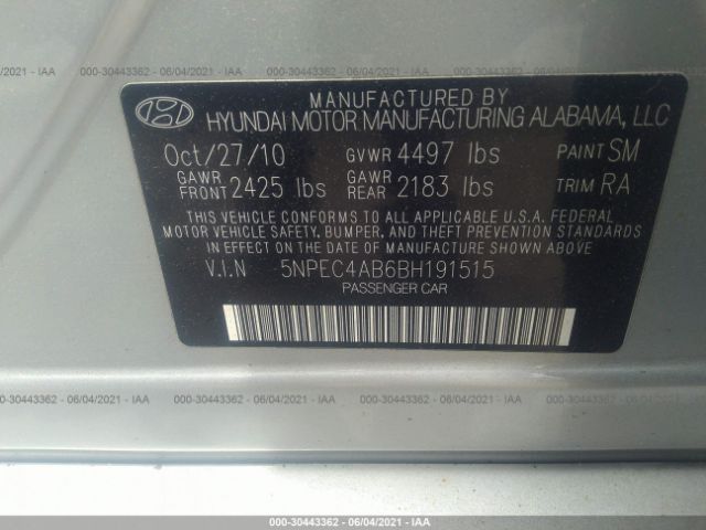 Photo 8 VIN: 5NPEC4AB6BH191515 - HYUNDAI SONATA 