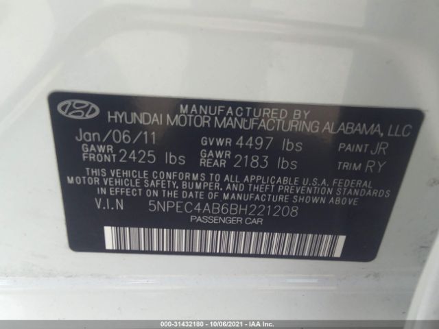 Photo 8 VIN: 5NPEC4AB6BH221208 - HYUNDAI SONATA 