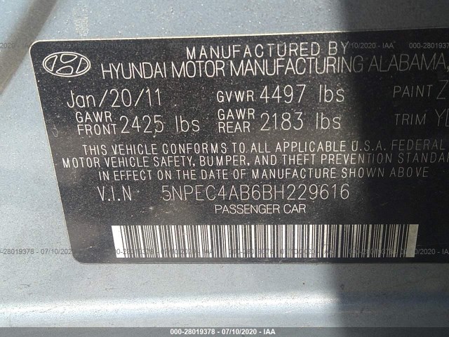 Photo 8 VIN: 5NPEC4AB6BH229616 - HYUNDAI SONATA 