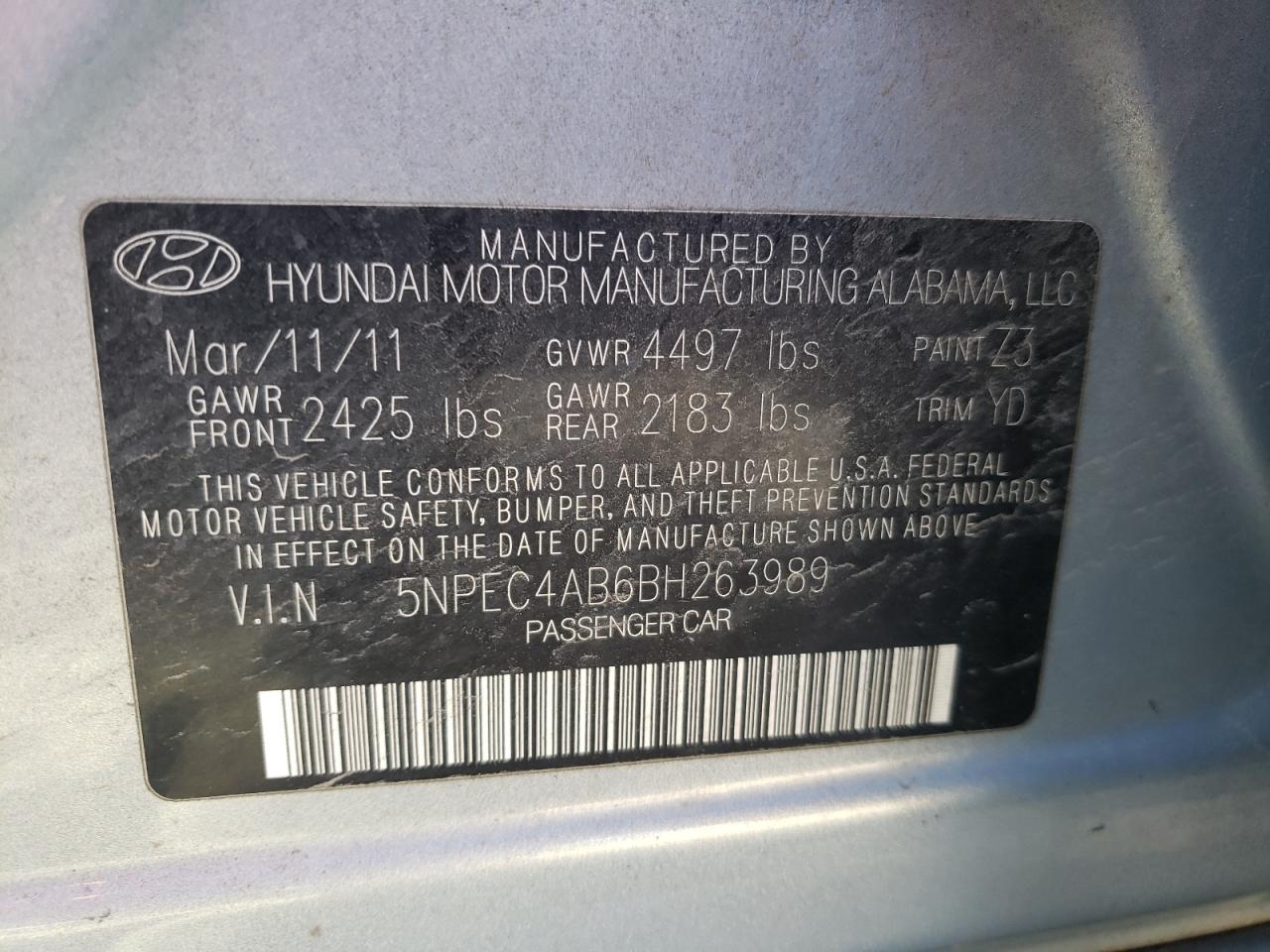 Photo 11 VIN: 5NPEC4AB6BH263989 - HYUNDAI SONATA 