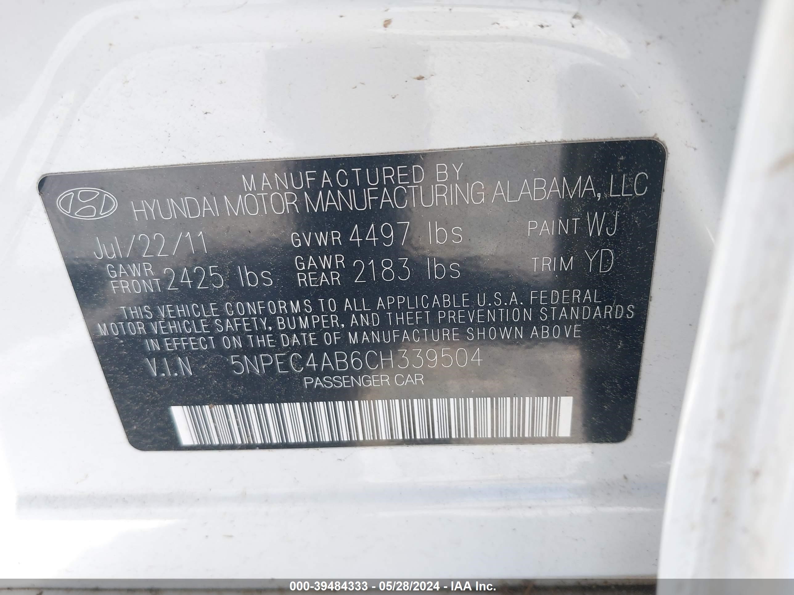 Photo 8 VIN: 5NPEC4AB6CH339504 - HYUNDAI SONATA 