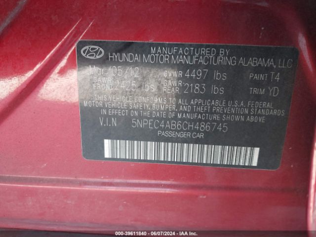 Photo 8 VIN: 5NPEC4AB6CH486745 - HYUNDAI SONATA 