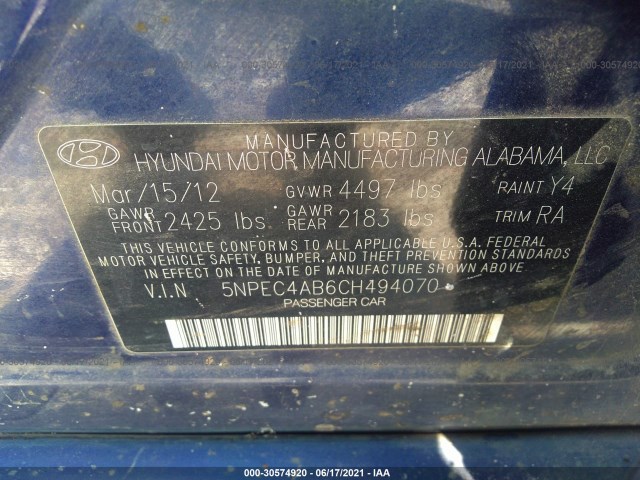 Photo 8 VIN: 5NPEC4AB6CH494070 - HYUNDAI SONATA 