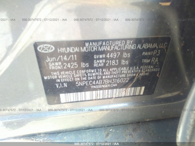 Photo 8 VIN: 5NPEC4AB7BH316022 - HYUNDAI SONATA 