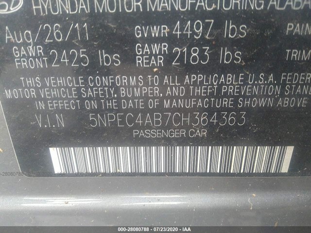 Photo 8 VIN: 5NPEC4AB7CH364363 - HYUNDAI SONATA 