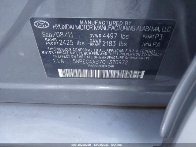 Photo 8 VIN: 5NPEC4AB7CH370972 - HYUNDAI SONATA 