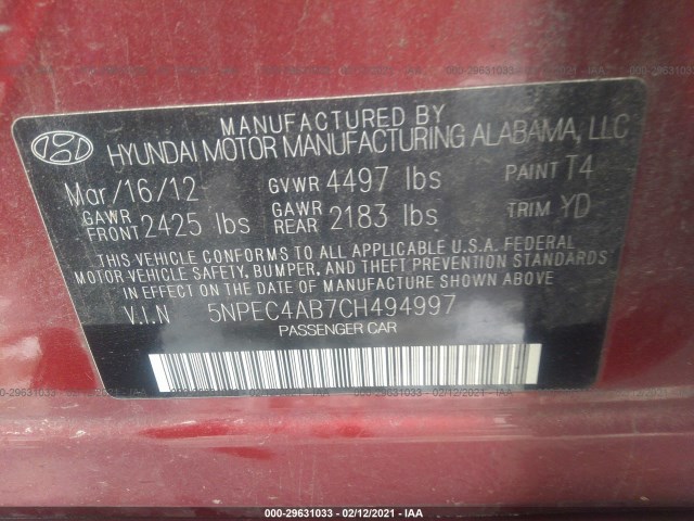 Photo 8 VIN: 5NPEC4AB7CH494997 - HYUNDAI SONATA 