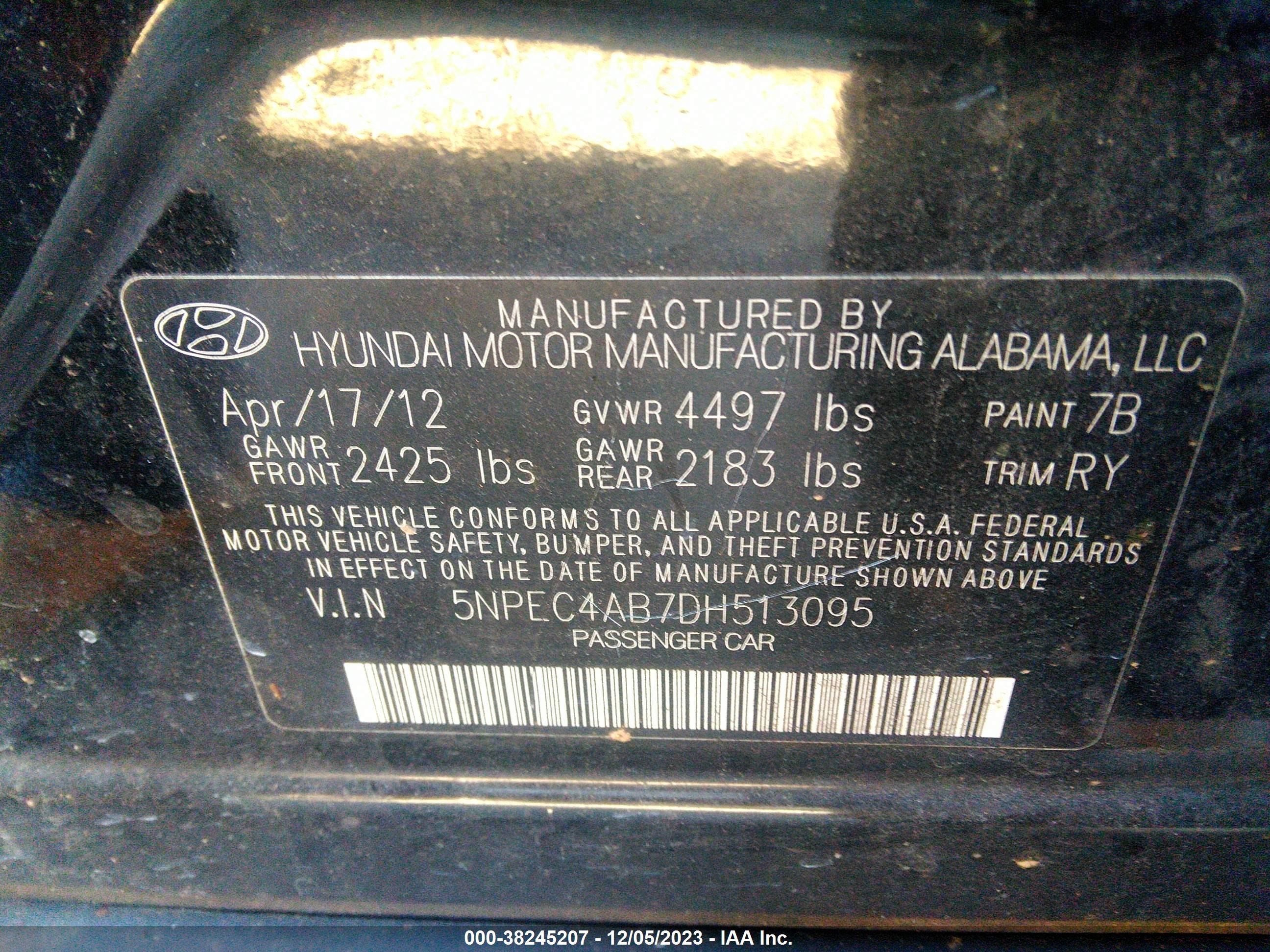 Photo 8 VIN: 5NPEC4AB7DH513095 - HYUNDAI SONATA 