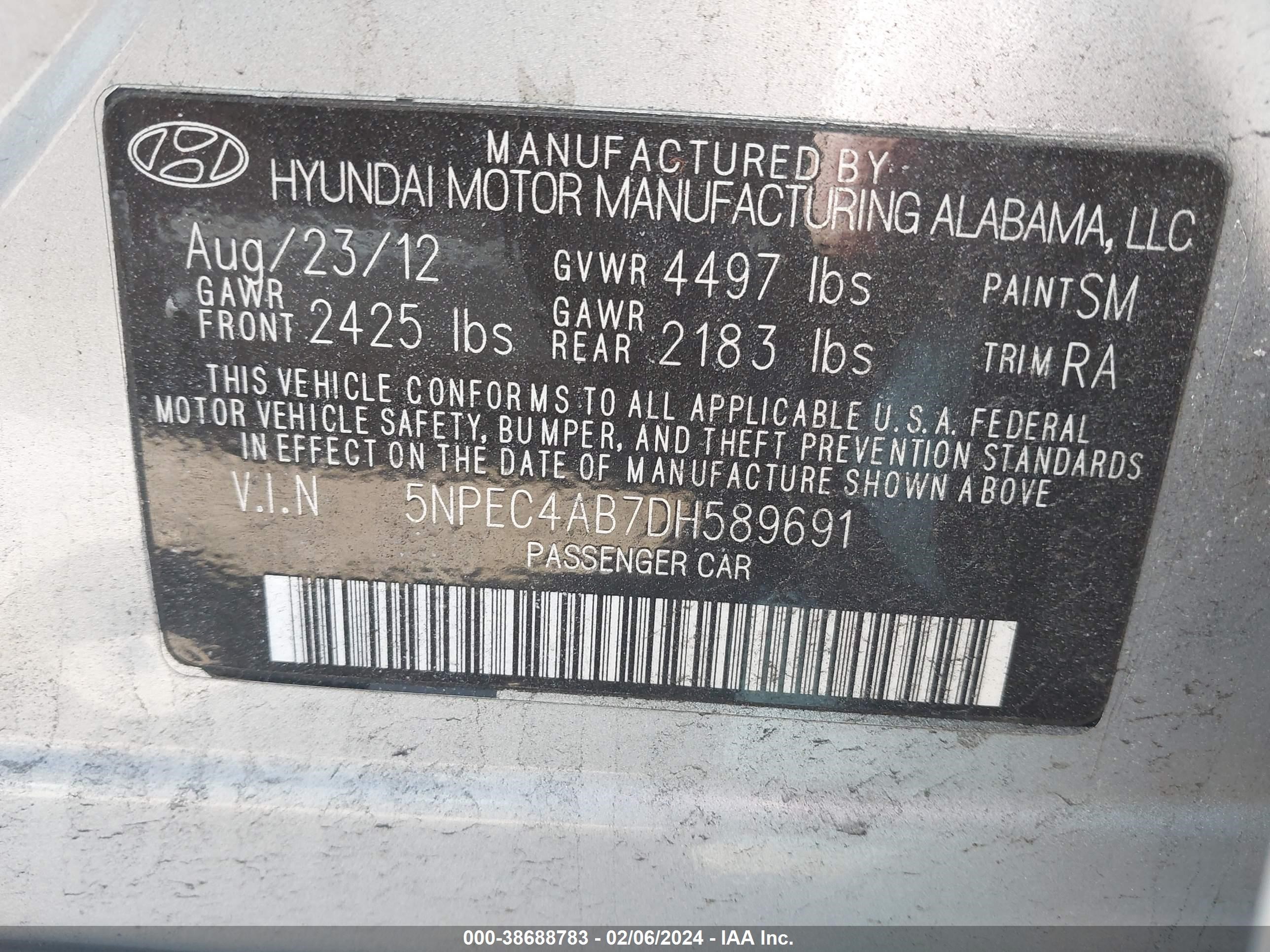 Photo 8 VIN: 5NPEC4AB7DH589691 - HYUNDAI SONATA 