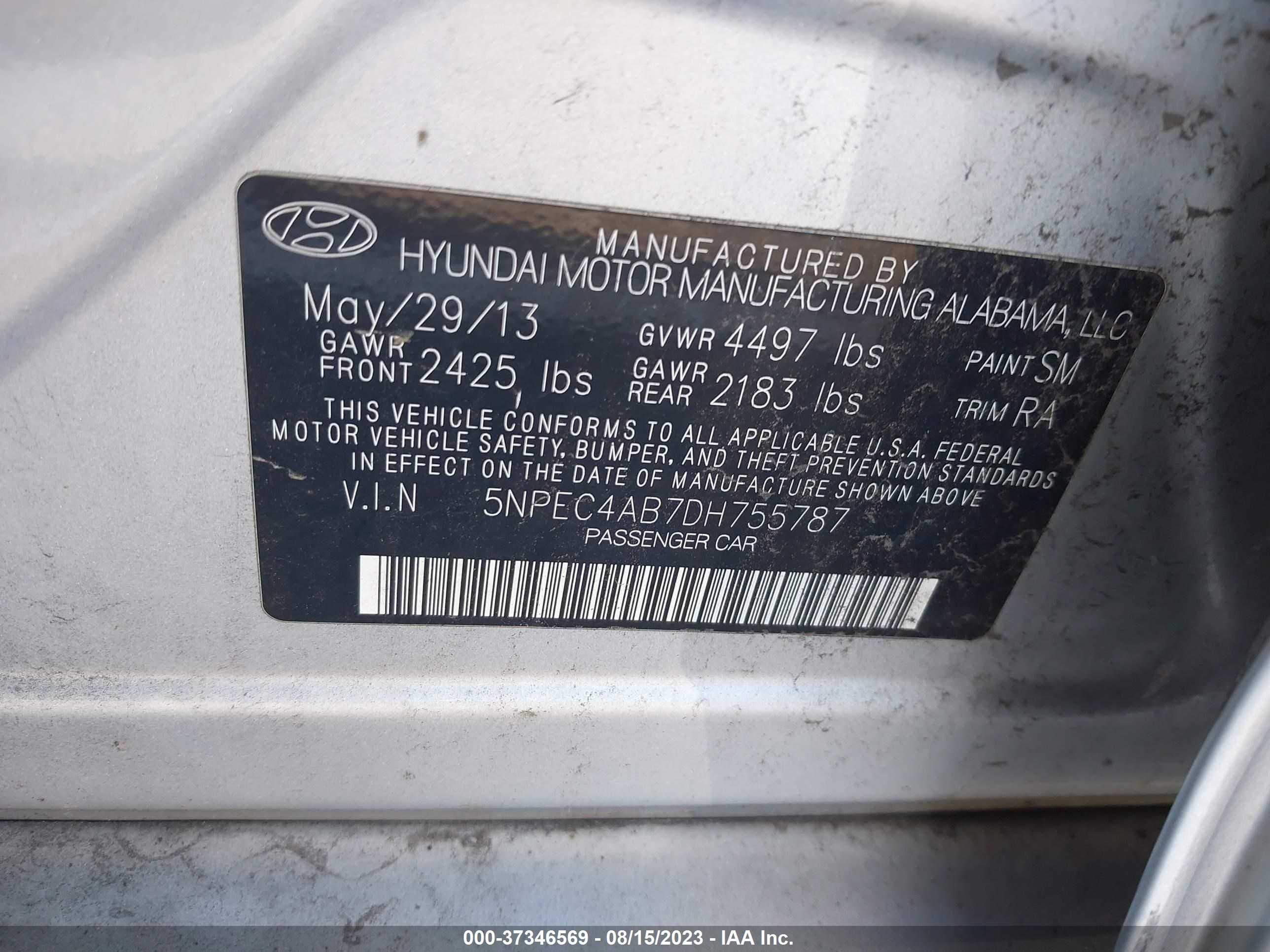 Photo 8 VIN: 5NPEC4AB7DH755787 - HYUNDAI SONATA 