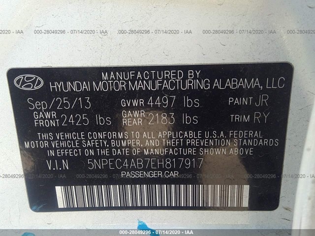 Photo 8 VIN: 5NPEC4AB7EH817917 - HYUNDAI SONATA 