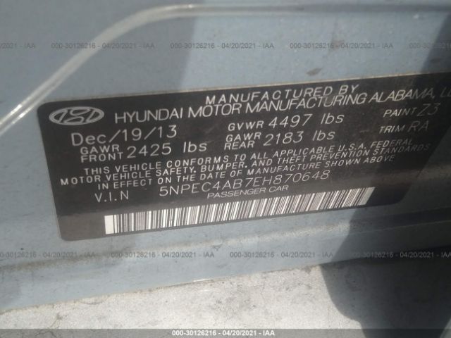 Photo 8 VIN: 5NPEC4AB7EH870648 - HYUNDAI SONATA 