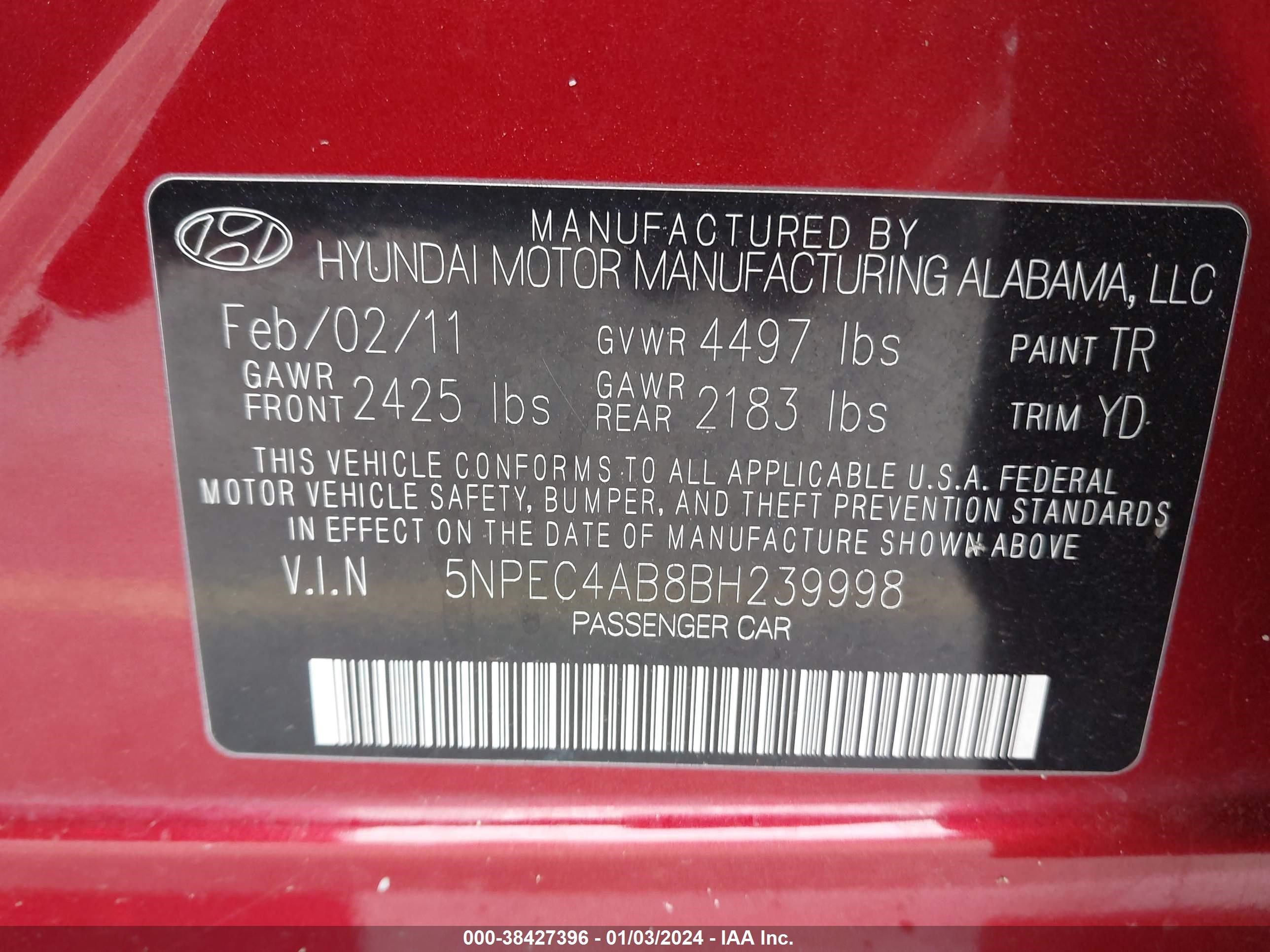 Photo 8 VIN: 5NPEC4AB8BH239998 - HYUNDAI SONATA 