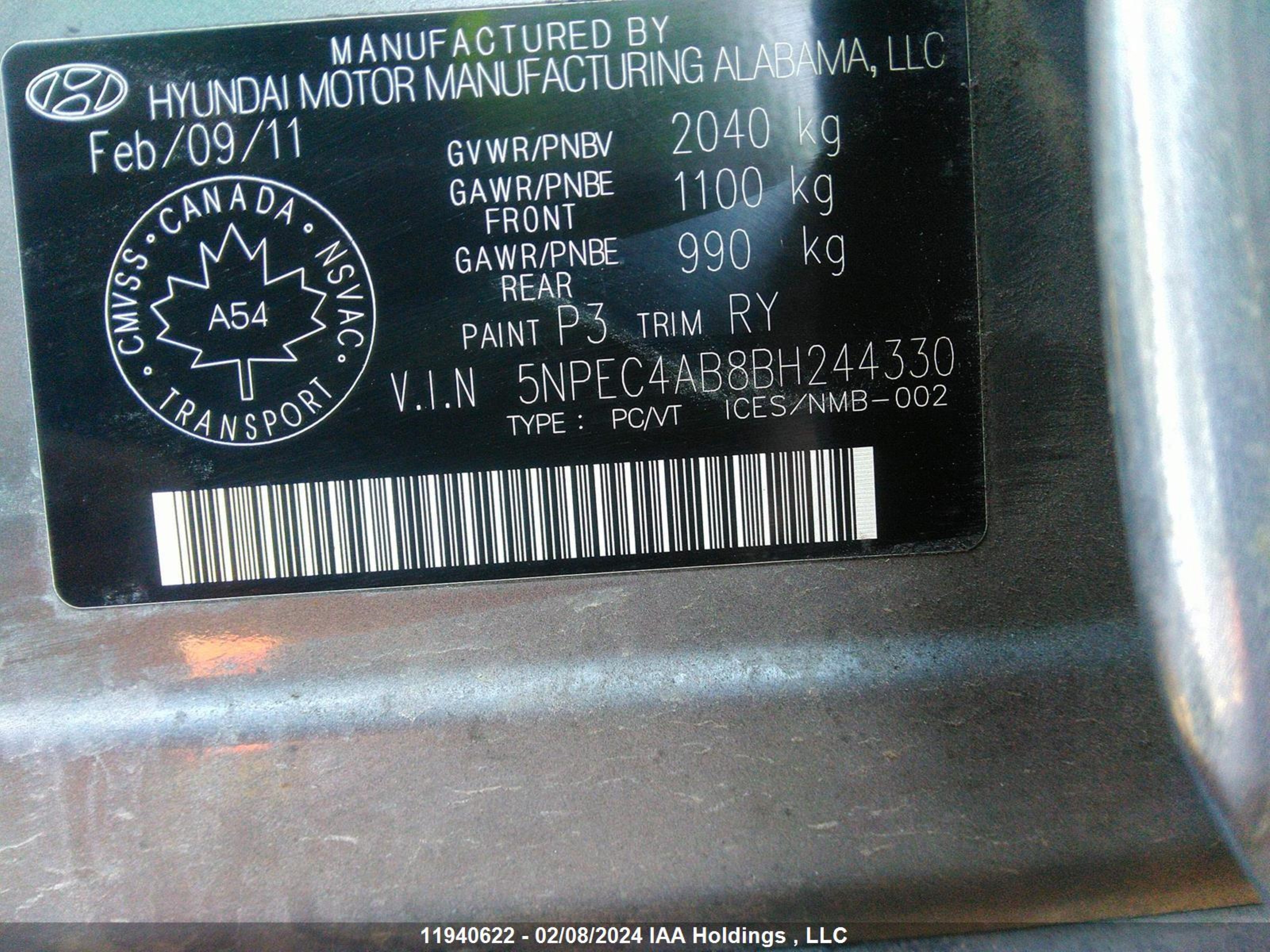 Photo 8 VIN: 5NPEC4AB8BH244330 - HYUNDAI SONATA 