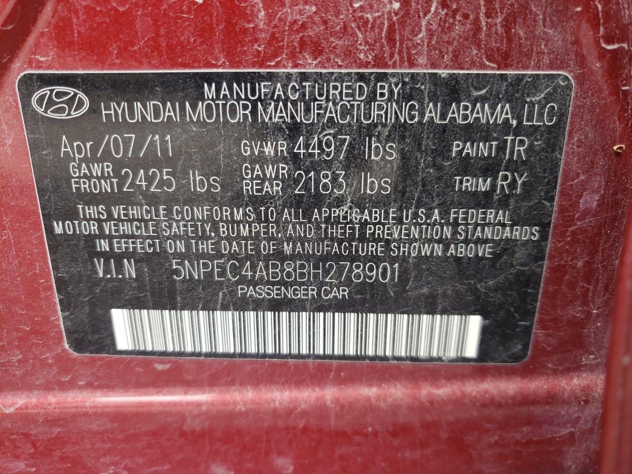 Photo 12 VIN: 5NPEC4AB8BH278901 - HYUNDAI SONATA 