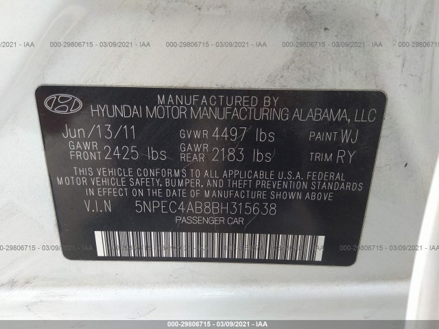 Photo 8 VIN: 5NPEC4AB8BH315638 - HYUNDAI SONATA 