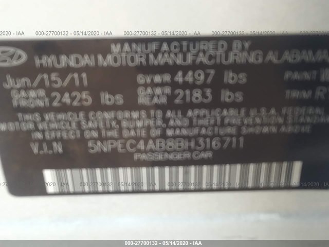 Photo 8 VIN: 5NPEC4AB8BH316711 - HYUNDAI SONATA 