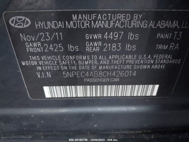 Photo 8 VIN: 5NPEC4AB8CH426014 - HYUNDAI SONATA 