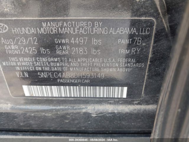 Photo 8 VIN: 5NPEC4AB8DH593149 - HYUNDAI SONATA 