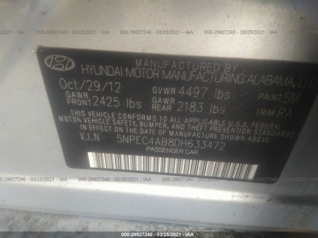 Photo 8 VIN: 5NPEC4AB8DH633472 - HYUNDAI SONATA 