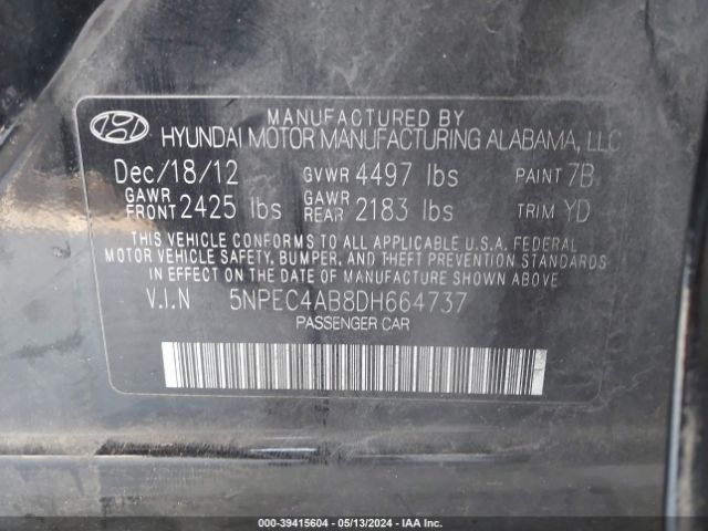 Photo 8 VIN: 5NPEC4AB8DH664737 - HYUNDAI SONATA 