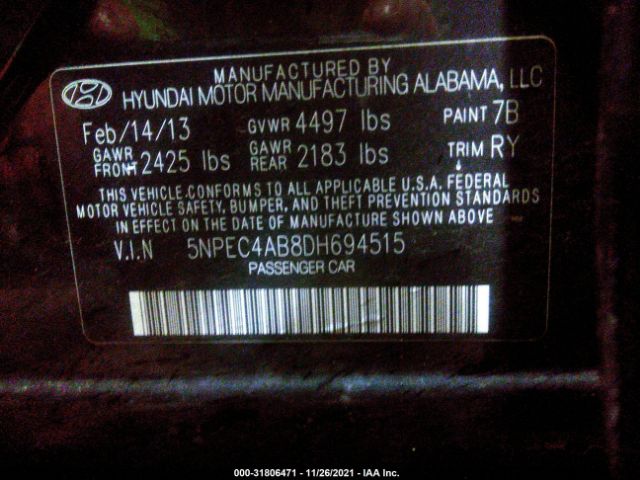 Photo 8 VIN: 5NPEC4AB8DH694515 - HYUNDAI SONATA 