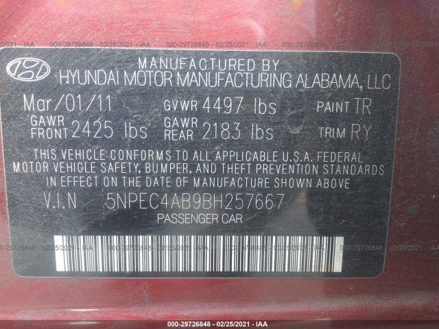 Photo 8 VIN: 5NPEC4AB9BH257667 - HYUNDAI SONATA 