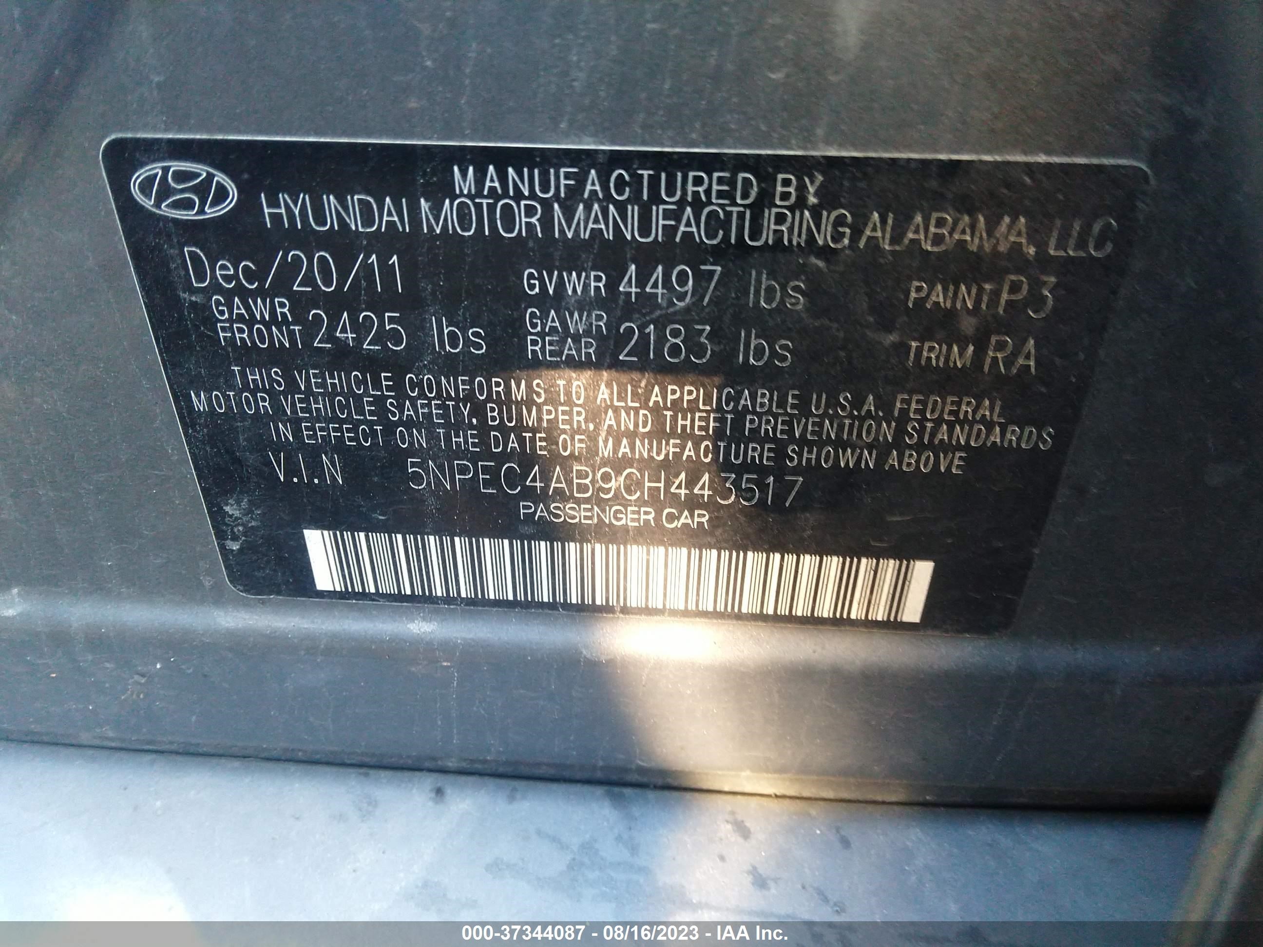 Photo 8 VIN: 5NPEC4AB9CH443517 - HYUNDAI SONATA 