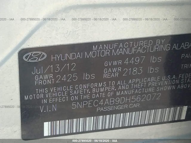 Photo 8 VIN: 5NPEC4AB9DH562072 - HYUNDAI SONATA 