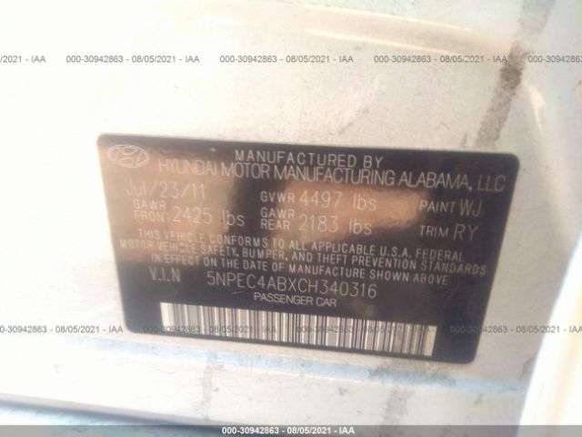 Photo 8 VIN: 5NPEC4ABXCH340316 - HYUNDAI SONATA 