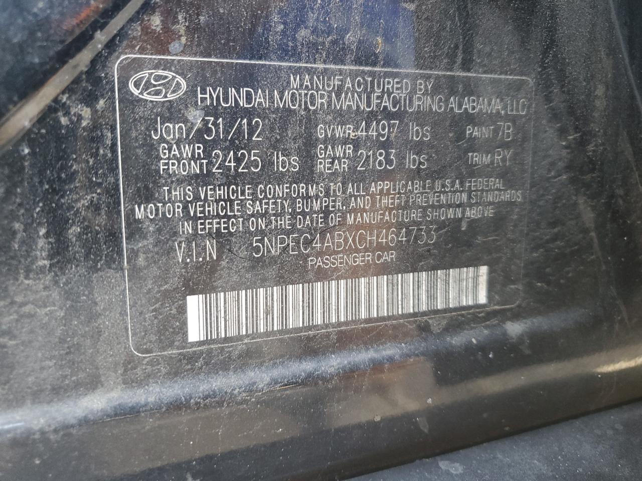 Photo 11 VIN: 5NPEC4ABXCH464733 - HYUNDAI SONATA 