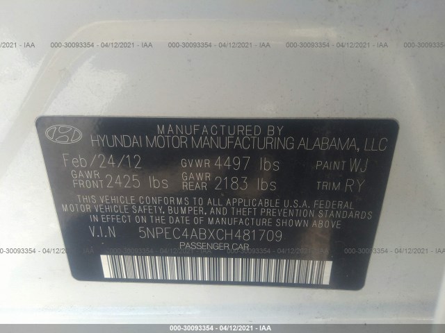 Photo 8 VIN: 5NPEC4ABXCH481709 - HYUNDAI SONATA SE 