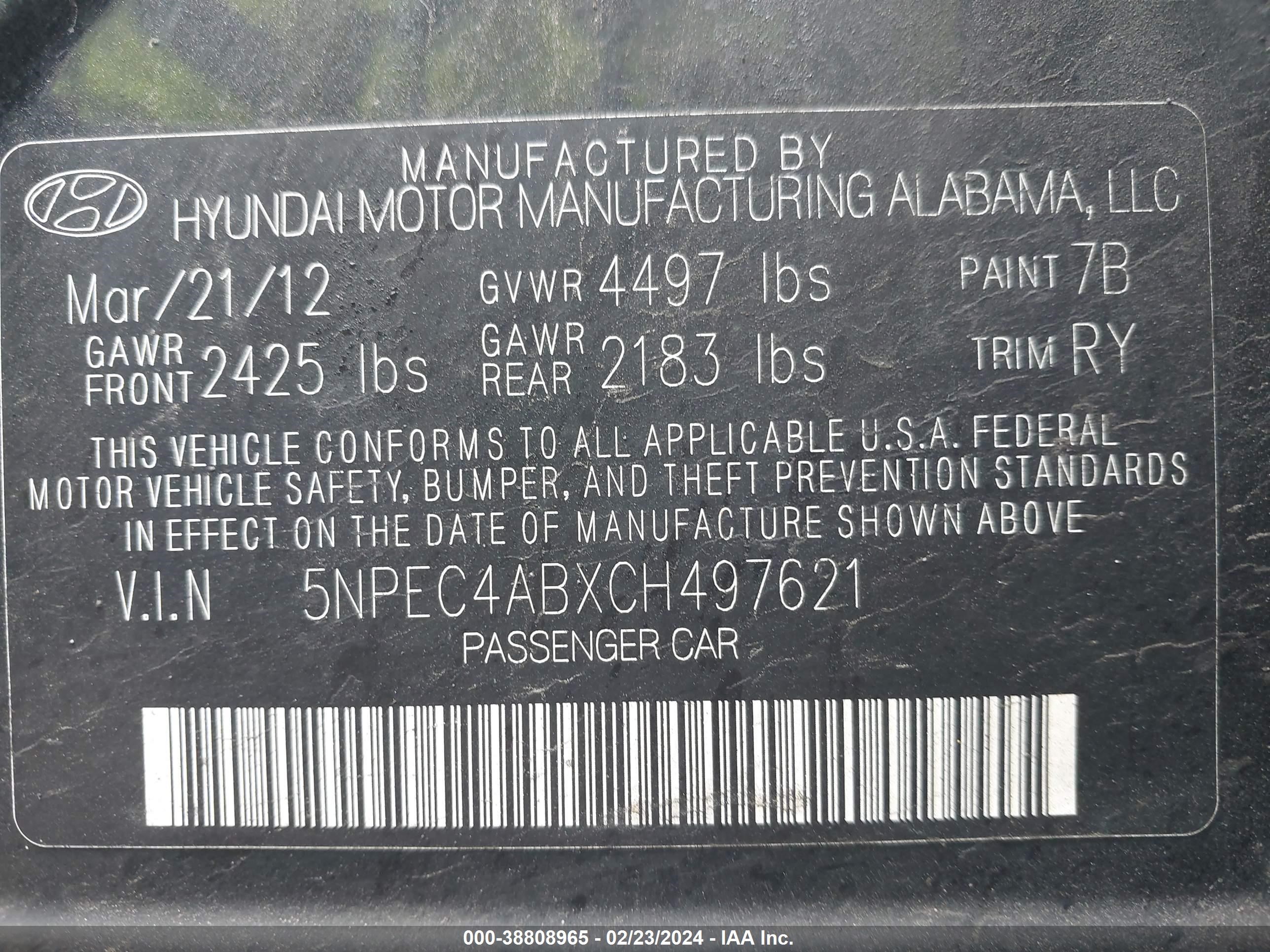 Photo 8 VIN: 5NPEC4ABXCH497621 - HYUNDAI SONATA 