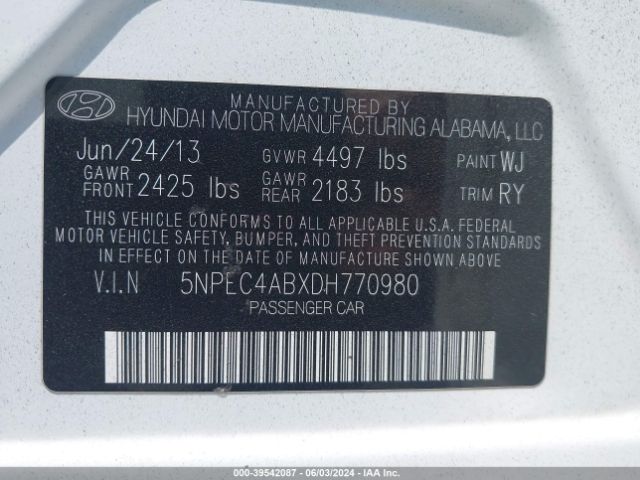 Photo 8 VIN: 5NPEC4ABXDH770980 - HYUNDAI SONATA 