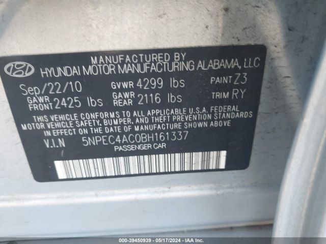 Photo 8 VIN: 5NPEC4AC0BH161337 - HYUNDAI SONATA 