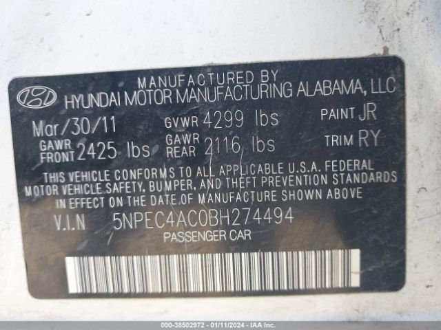 Photo 8 VIN: 5NPEC4AC0BH274494 - HYUNDAI SONATA 