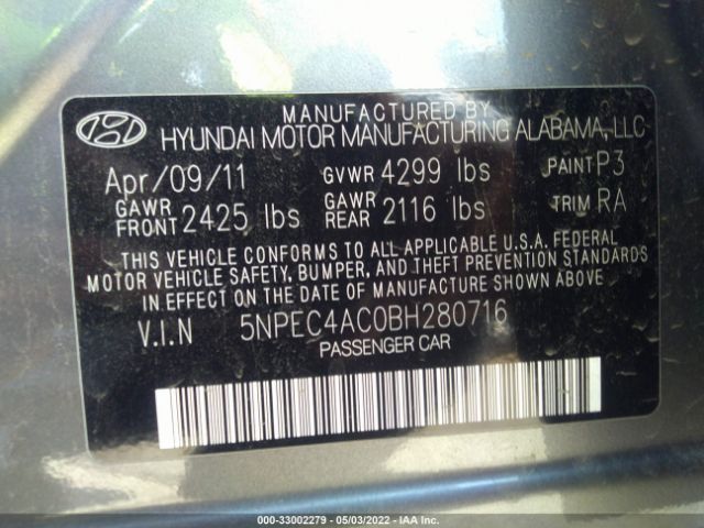 Photo 8 VIN: 5NPEC4AC0BH280716 - HYUNDAI SONATA 