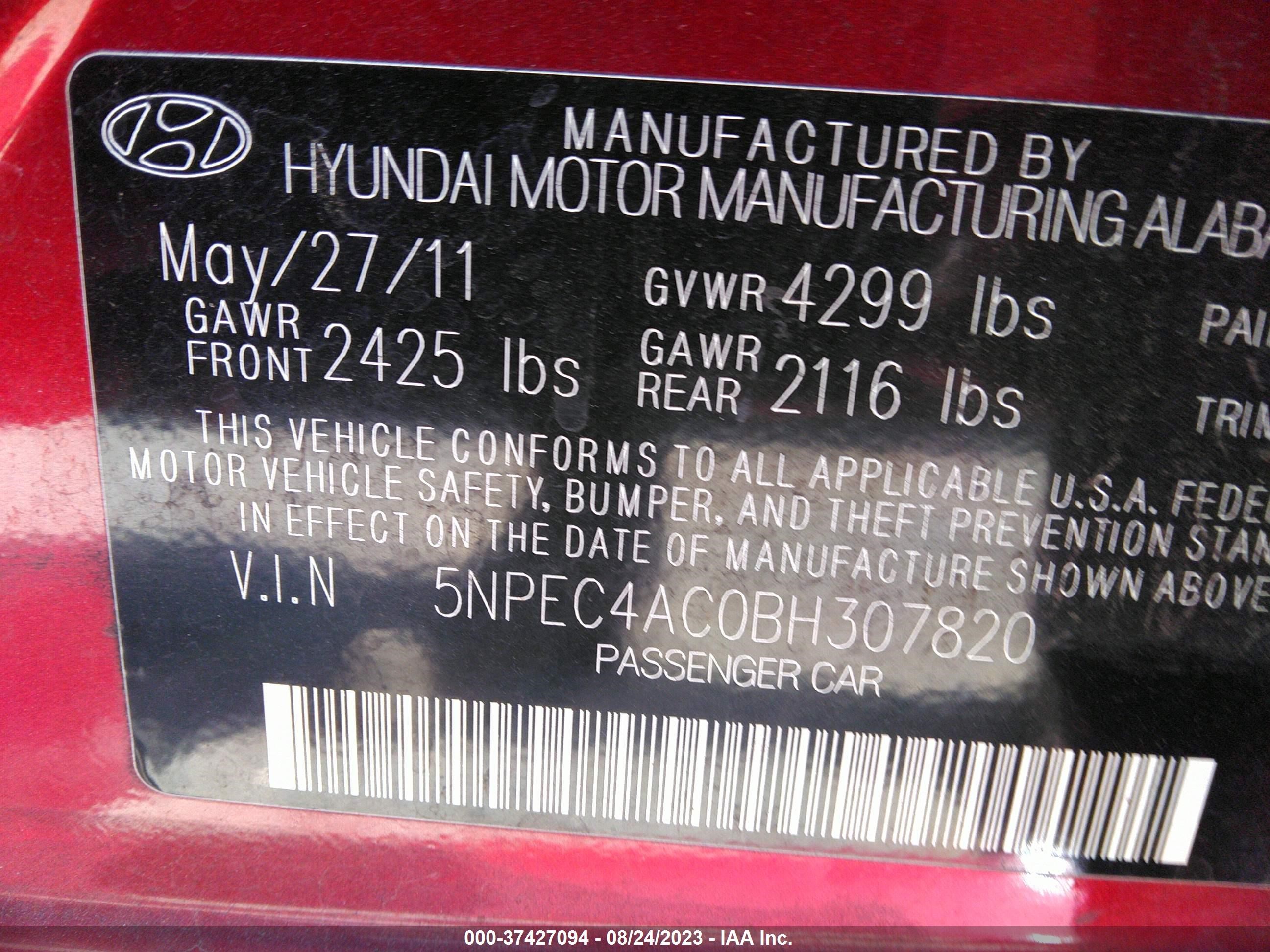 Photo 8 VIN: 5NPEC4AC0BH307820 - HYUNDAI SONATA 